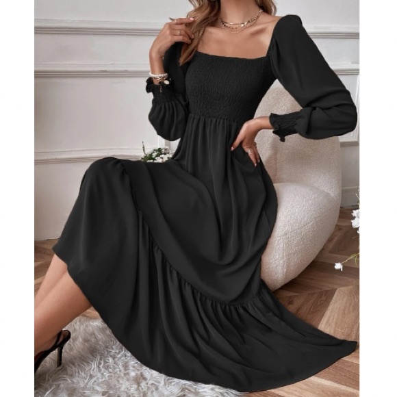 Dresses & Skirts - Boho Puff Sleeve Ruffle Maxi Dress Black